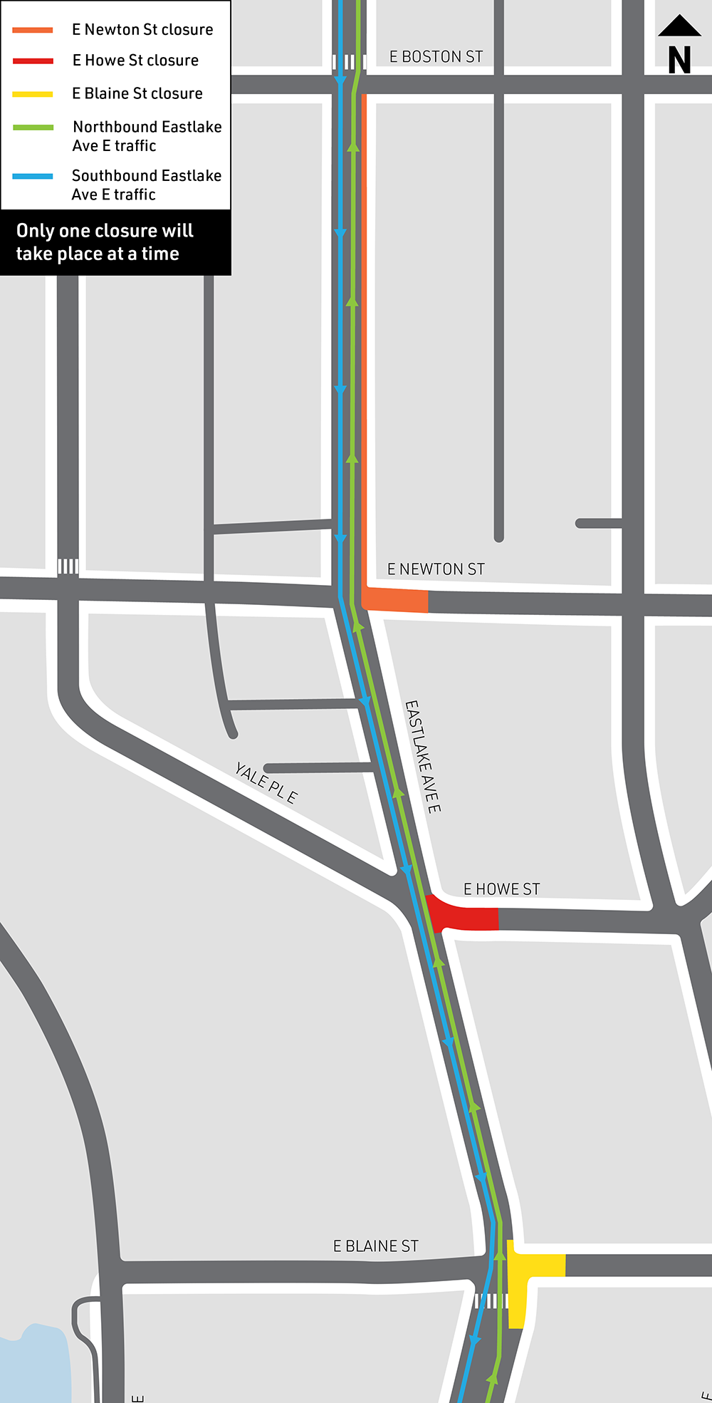Map of the closures at E Newton St, E Howe St, and E Blaine St.  