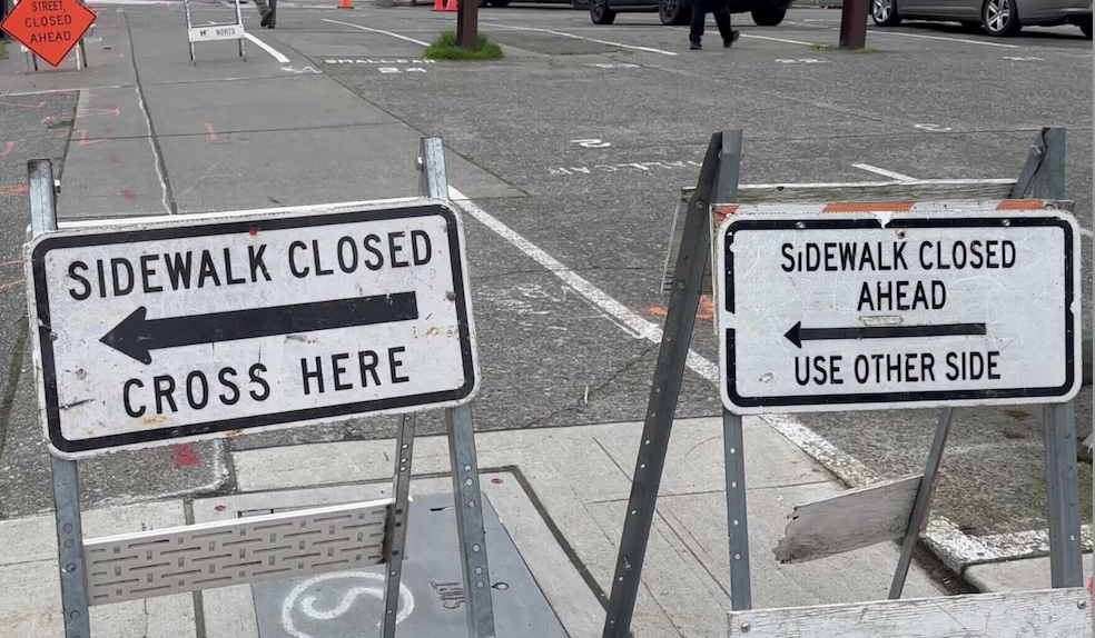 Image showing sidewalk closed signs requesting pedestrians to use other side and cross here 