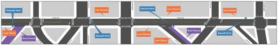 Map detailing lane and sidewalk closures for the Denny Way Paving Project from April 18-28