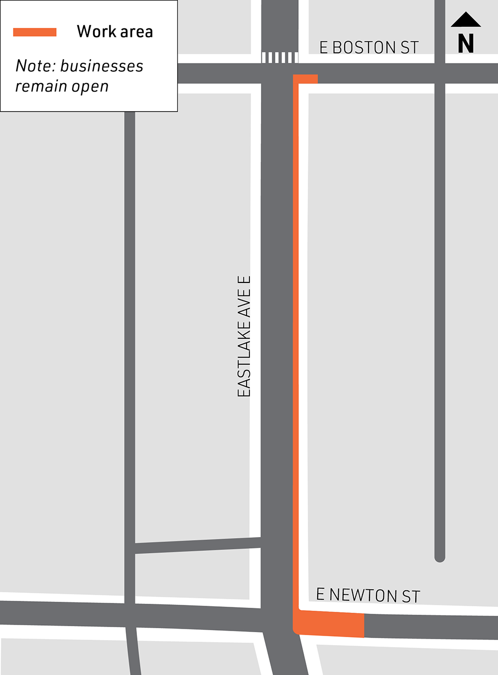 Map of closures on E Boston St and E Newton St. 