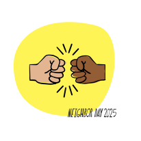 An illustration of two hands fist bumping with text: "Neighbor Day 2025"
