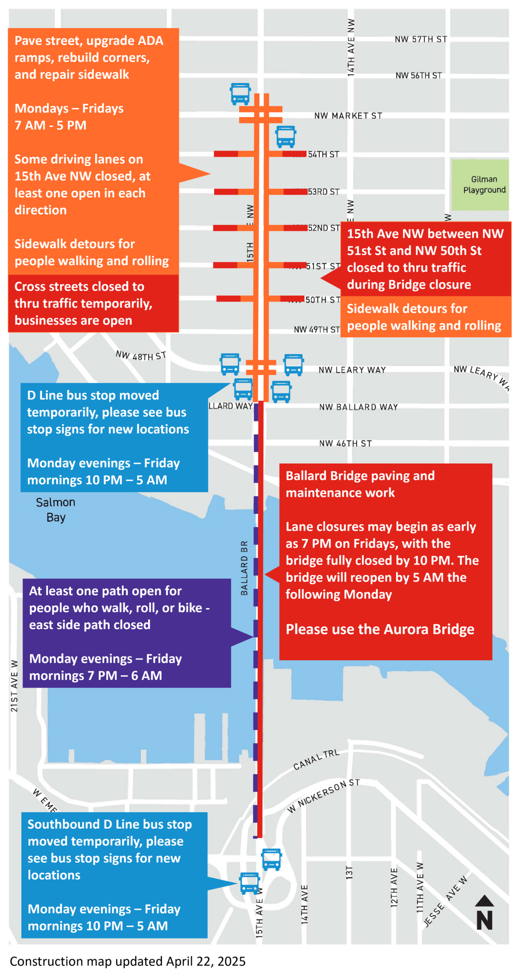 15th Ave WNW and Ballard Bridge Construction Map updated April 25, 2025
