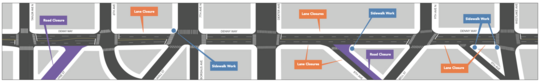 Project map detailing lane closures, sidewalk work and road closures as part of the Denny Way Paving Project