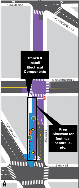 Map of the 3rd Ave S and S Main St Bus Stop Improvements project in Pioneer Square, showing the areas where work will occur over the next week.