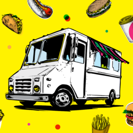 animation of food truck on yellow background with images of food around it