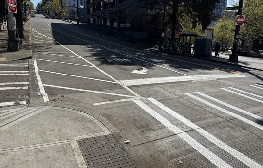 The plastic posts that once separated traffic on the shoulder of Yesler Way are now striped lines on the street