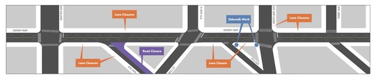 Image detailing upcoming work on Denny Way between Dexter Ave and Terry Ave including lane closures, road closure and sidewalk work