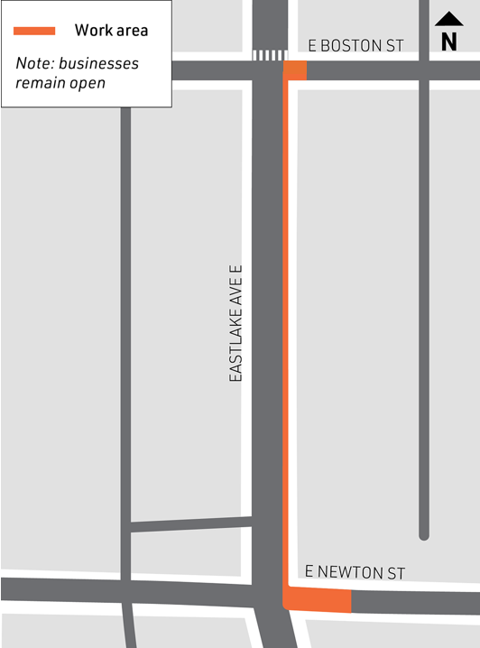 Map of closures on E Boston St and E Newton St.
