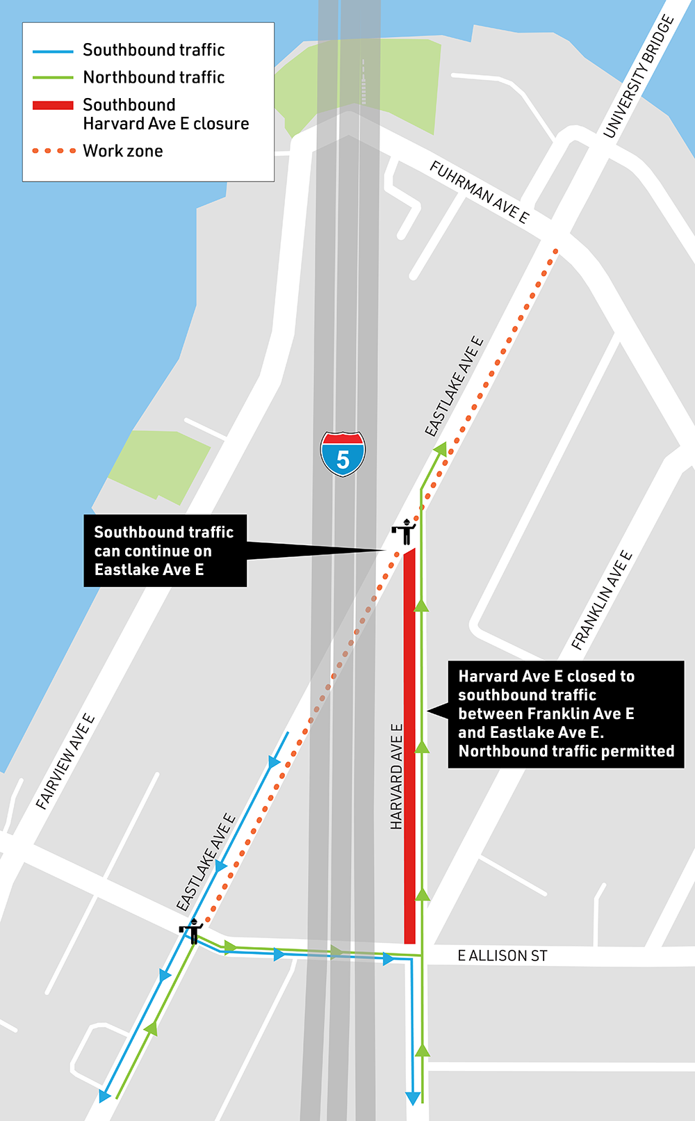A map of the southbound closure on Harvard Ave E and the northbound closure on Eastlake Ave E