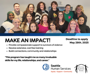 Social media graphic featuring photo of Victim Support Volunteers and calling on people to apply for this year's cohort