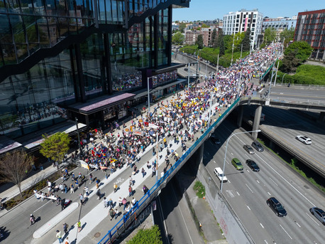Aerial view of the May Day rally and march in Seattle