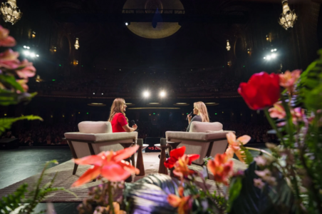 Reese Witherspoon having a conversation with Melinda French Gates about her new book