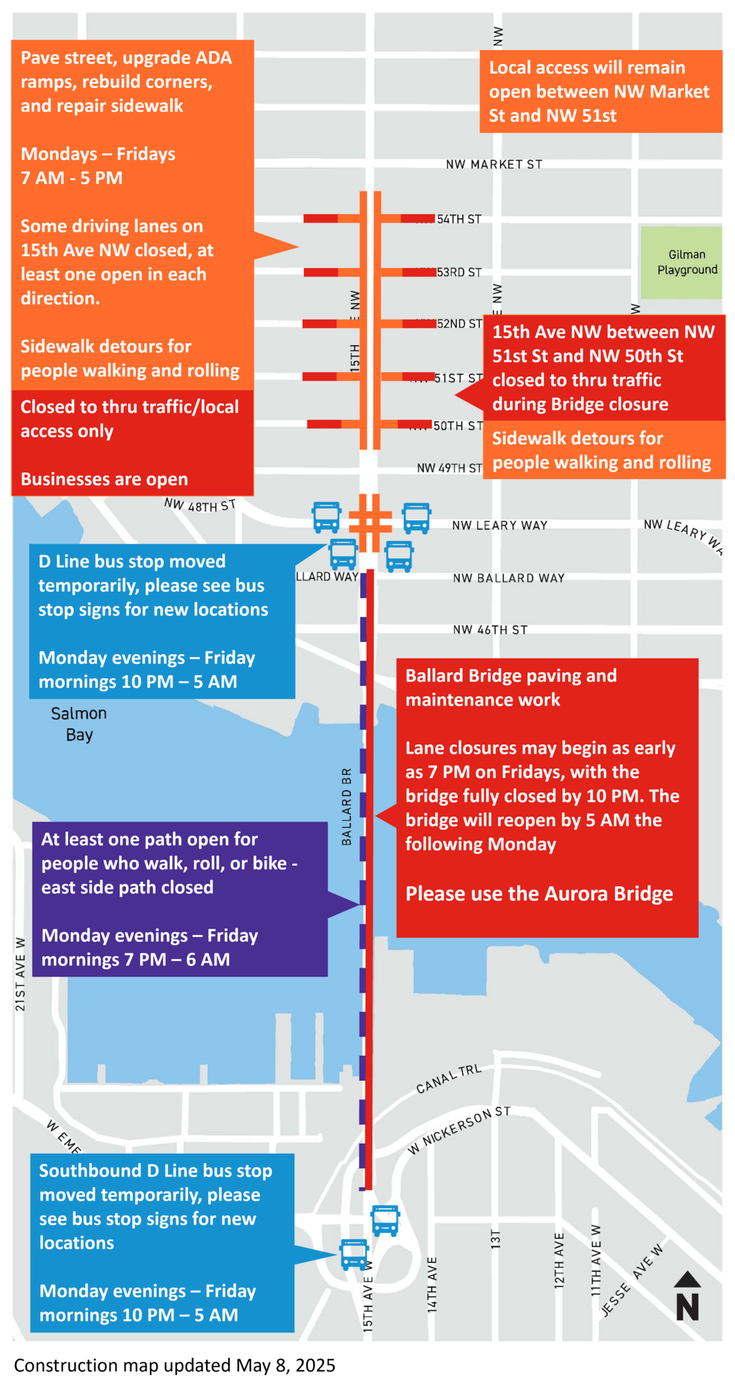 15th Ave WNW and Ballard Bridge Construction Map updated May 8, 2025.