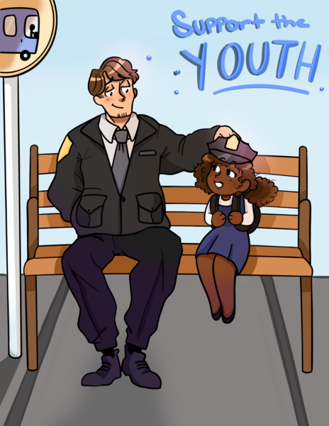 Artwork of SPD officer placing his hat on a smiling young girl sitting beside him on a bench under a sign that reads “Support the Youth.”