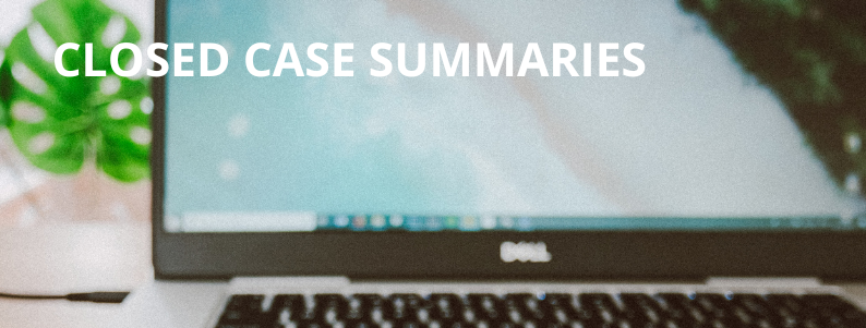 A laptop with a blurred screen and a green plant in the background displays the text "CLOSED CASE SUMMARIES" in bold white letters.