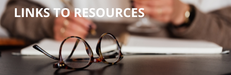 A blurred background of a person writing in a notebook,  the text "LINKS TO RESOURCES" is in bold white letters over top of it.