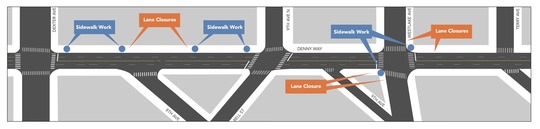 Map detailing upcoming lane closures and sidewalk work on Denny Way 