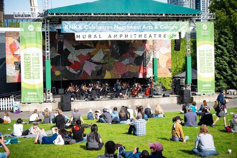 Crowd sitting on grass watching concert performance