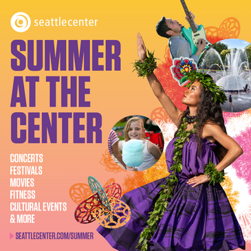 Summer at the Center graphic with hula dancer, child smiling, fountain, and purple and white text
