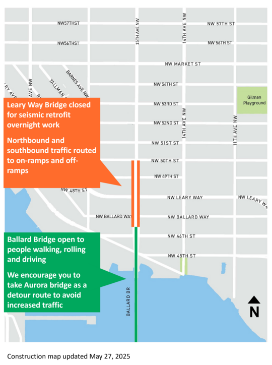 15th Ave WNW Leary Way Bridge Closure map updated May 27, 2025