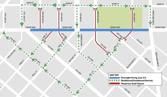Map Detailing Intersection Closures on Denny Way June 4 and June 5