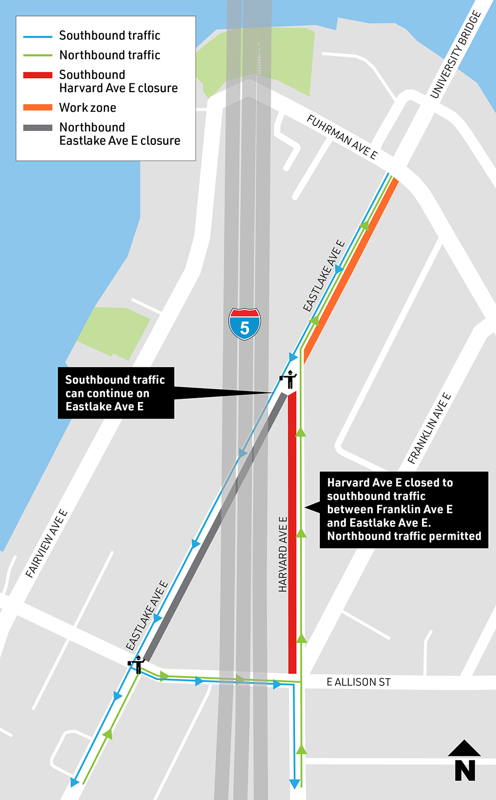 Traffic will be shifted to the west side of Eastlake Ave E while we pave the east side. 