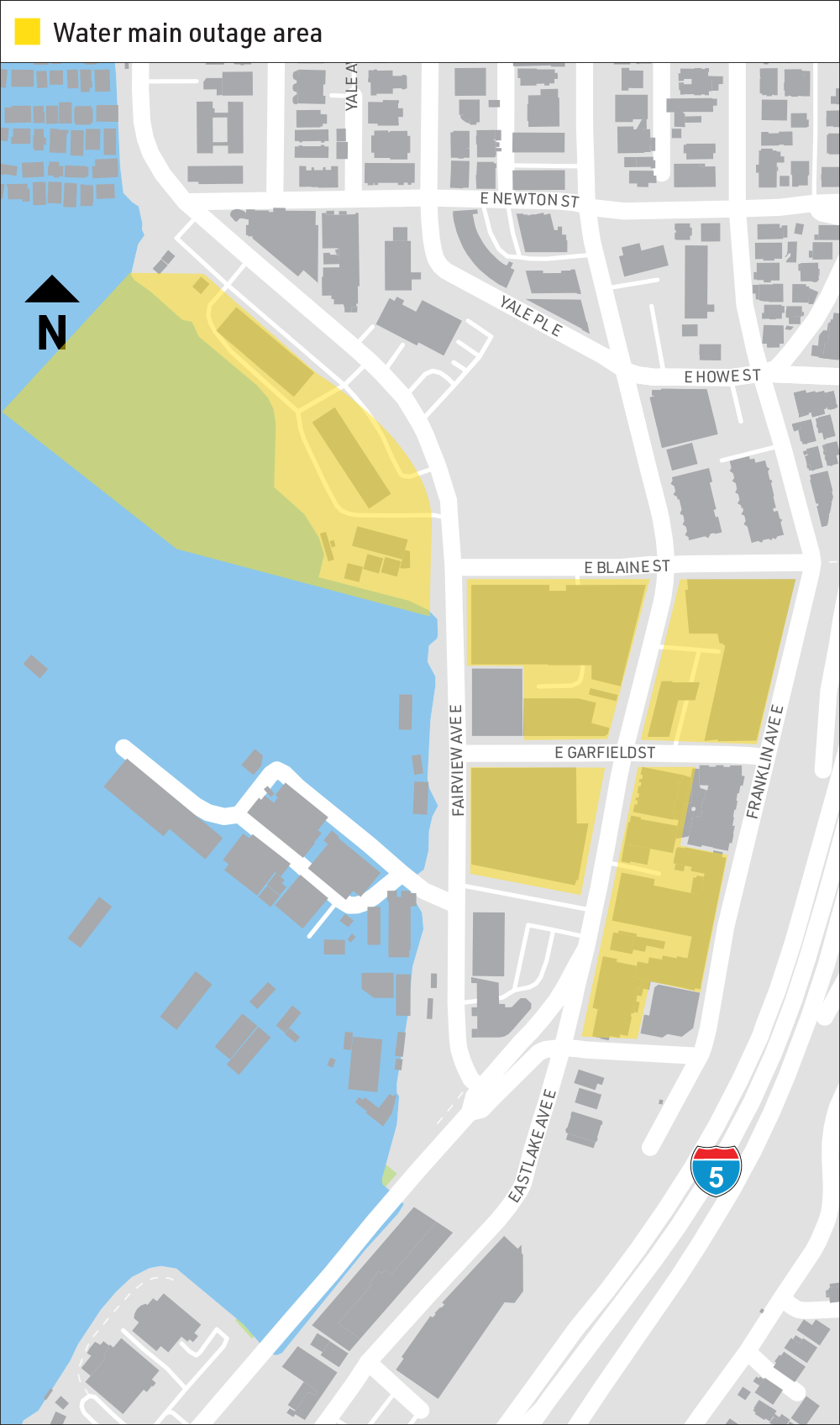 The properties highlighted in yellow will experience a short water outage during the day on June 16, 17, 18, and 20.