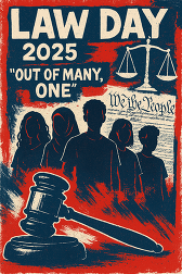 Law Day 2025 "Out of Many, One" Poster. Silhouette of students standing in front of the U.S Constitution.