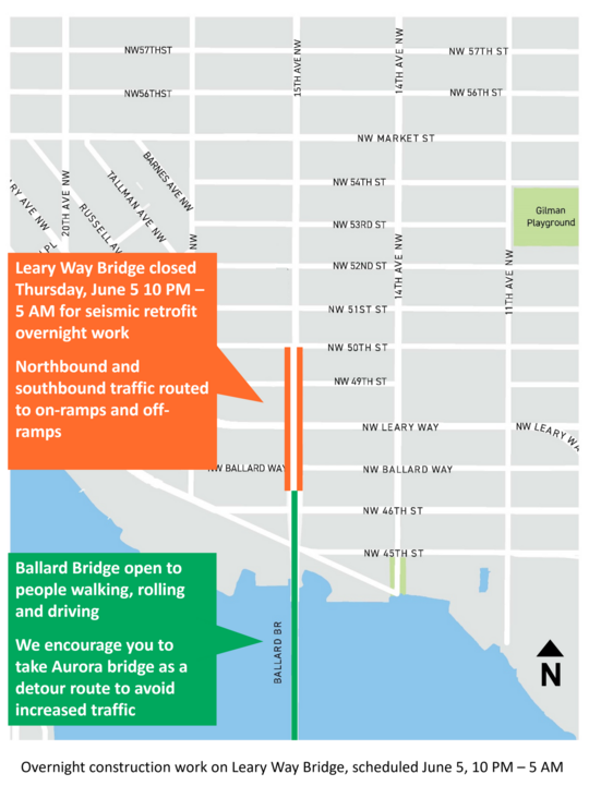 15th Ave WNW Leary Way Bridge overnight work construction map