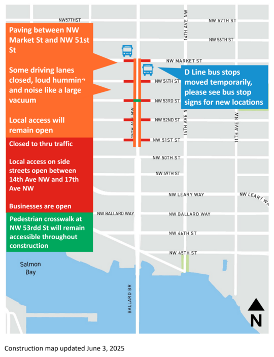 15th Ave WNW NW Market St to NW 51st St construction map