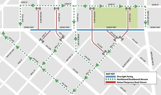 Map detailing overnight paving route, intersection closures and detours on June 9 and June 10 