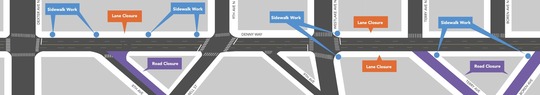 Map detailing upcoming lane closures and sidewalk work on Denny Way 