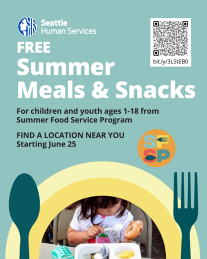 Image of flyer advertising FREE Summer Meals & Snacks for children and youth ages 1 to 18 from Summer Food Service Program.