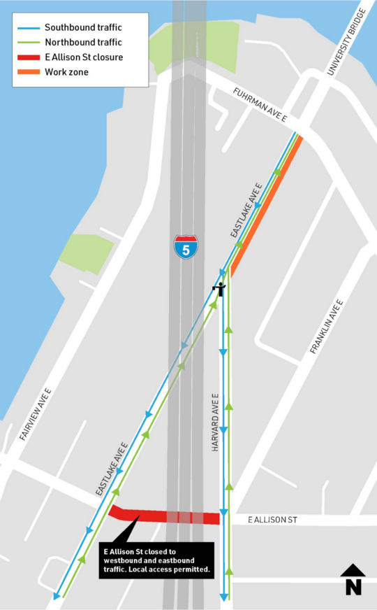 Closure on E Allison St between Eastlake Ave E and Harvard Ave E. 