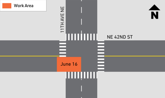 Work area at the intersection of 11th Ave NE and NE 42nd St. Work will begin on June 16. 