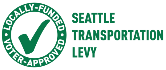 Green text on white background. Text reads Seattle Transportation Levy. A circle with the words Locally-Funded, Voter-Approved is to the left.