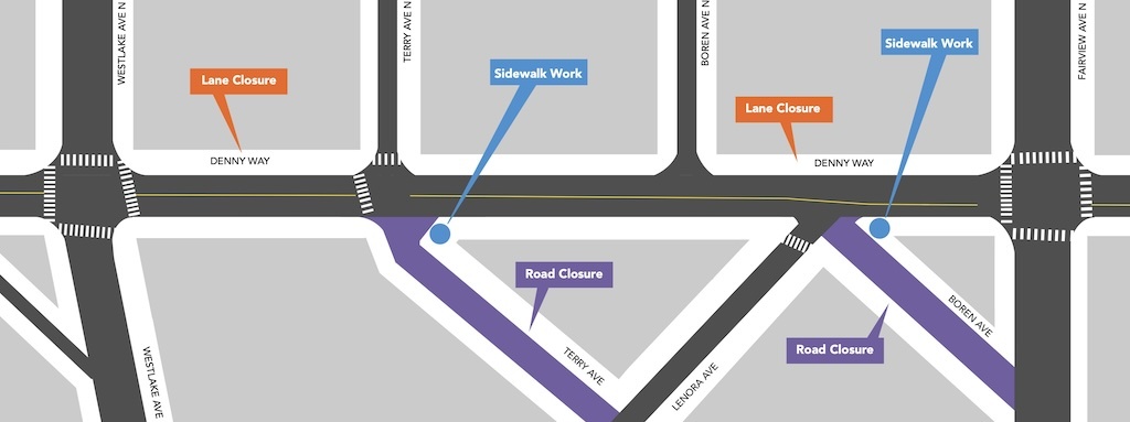 Map detailing upcoming roadwork, lane closures and sidewalk work on Denny Way