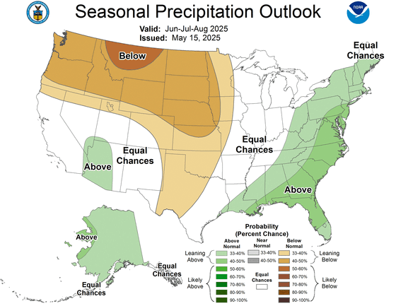 2025 National Weather Service Summer Rain Outlook, graphic of the USA with shades of orange covering the country demonstrating temperatures.