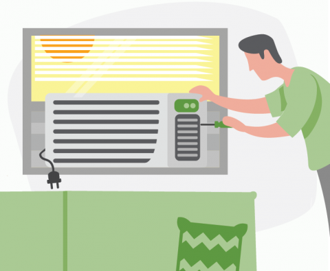 graphic of man attempting to repair a broken window air conditioning unit, graphic is in shades of green. 