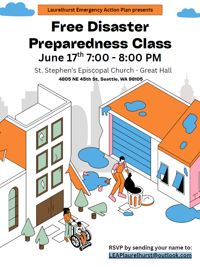 disaster prep class on June 17, 7-8 pm St. Stephen’s, two homes with neighbors out front, male in wheelchair, woman helping push, male tossing trash