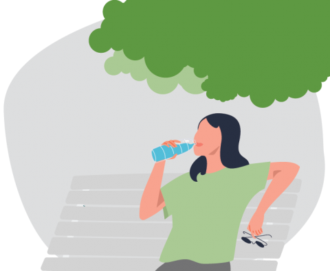 graphic of woman with black hair sitting on a bench drinking water from a bottle with sunglasses hanging from her hand