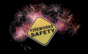 Fireworks safety in text with fireworks in background