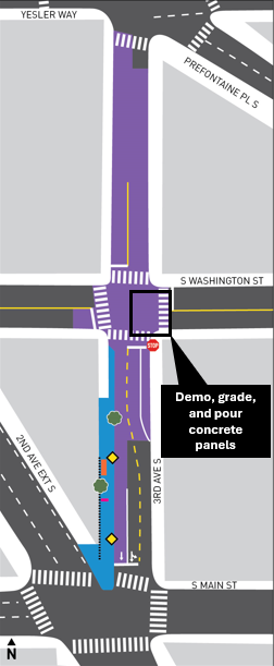 Map of the 3rd Ave S and S Main St Bus Stop Improvements project in Pioneer Square, showing the areas where work will occur over the next week.