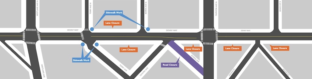 Map detailing upcoming roadwork, sidewalk work and lane closures between Terry Ave and Minor Ave N 