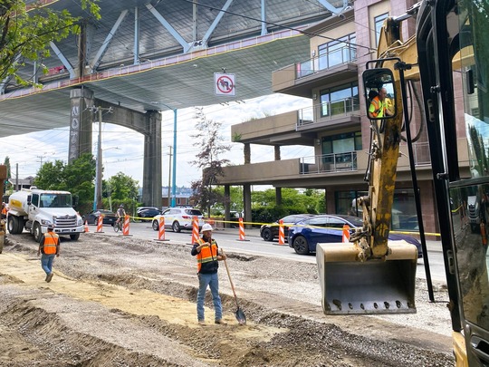 Traffic is shifted to the west side for paving on Eastlake Ave E. 