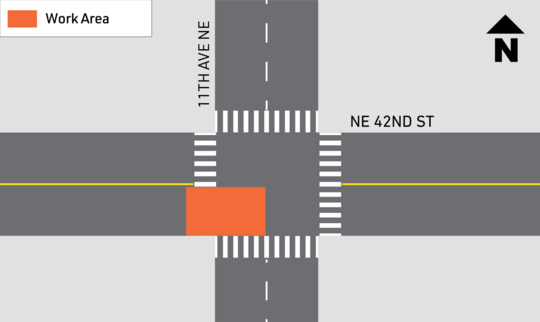 Work area at the intersection of 11th Ave NE and NE 43rd St.