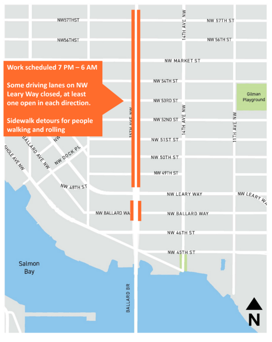 15th Ave WNW Overnight Work Construction Map, updated June 20, 2025