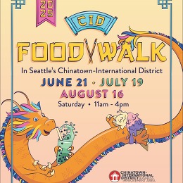 Graphic with details of the C-ID Food Walk and drawing of a dragon holding both boba and ice cream