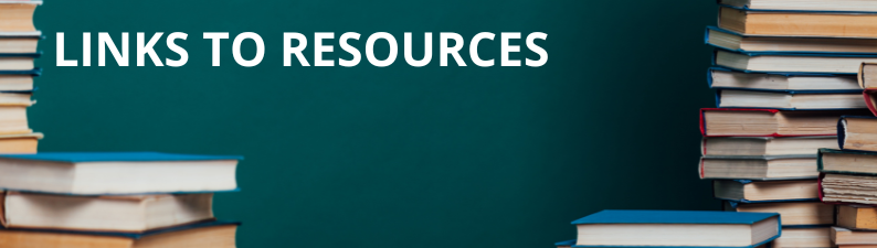 Dark teal banner with bold, white font that says links to resources. In the background are stacks of books.