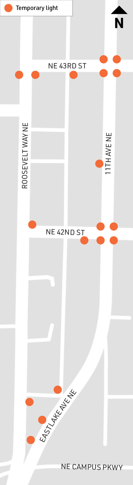 Crews will install temporary lights between NE 43rd St and NE Campus Pkwy. 